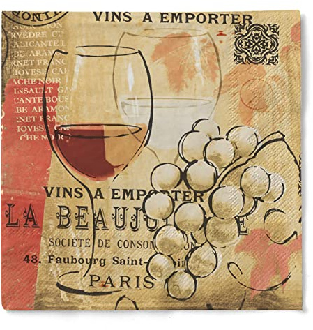 Sovie HORECA Tissue Serviette ROMEO, 33 x 33 cm, 3-lagig, 1/4 Falz, 100 Stück – Design: Weinglas mit Weintrauben in Braun, Blau, Bordeaux & Beige – ideal für Feste & Gastronomie