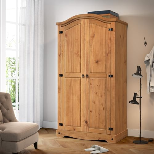 Corona 2 Door Arch Top Wardrobe Solid Pine Double Robe Storage Bedroom Furniture Mexican Wood Double Robe Wooden Hanging 190cm High 100cm Wide 51cm Deep