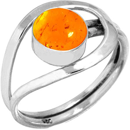 Jeweloporium Bague en argent et ambre orange, taille 51, en argent sterling 925 pour femme, bijou bohème avec pierres précieuses rondes