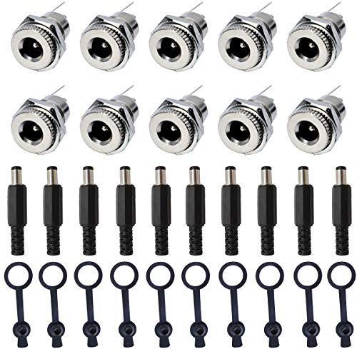 Youmile 10PCS DC-099 DC Power Jack Socket 5.5x2.1mm 30V 5A Female Panel Mount Connector Adapter with 10PCS Waterproof Cap, 10PCS DC Male Plug