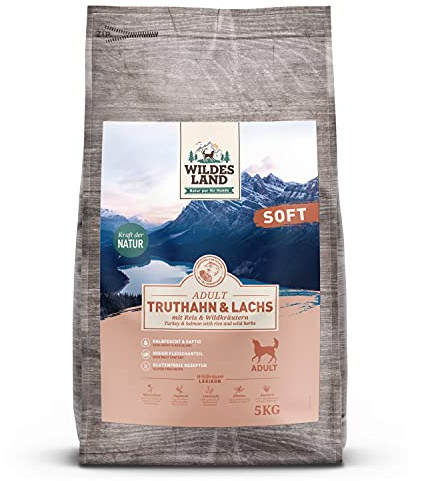 Wildes Land - Halbfeuchtes Trockenfutter für Hunde - Truthahn & Lachs - 5 kg - Soft mit Reis und Wildkräutern - Glutenfrei - Extra viel Fleisch - Für alle Hunderassen - Beste Akzeptanz
