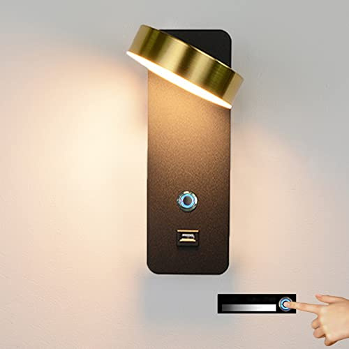 JZCDR Applique Murale Interieur Appliques De Chambre Tête de Lit avec Interrupteur Gradable Lampe Murale LED Moderne Rotative éclairage Mural avec Port USB, pour Chevet Salon Enfant,D'or,3000K