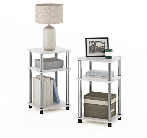 Furinno Just 3-stufiger Turn-N-Tube-Beistelltisch, 2er-Pack, Weiße Eiche/Edelstahl