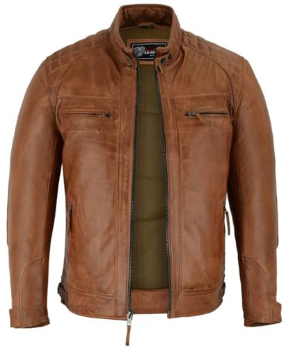 Vance Leather' Men's Cafe Racer Waxed Lambskin Austin Brown Motorcycle Leather Jacket (X-Large, Austin Brown)