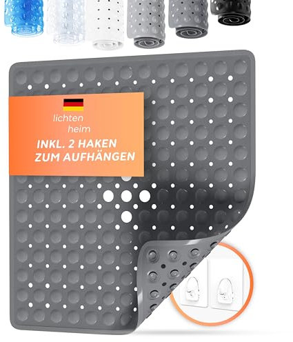 LICHTENHEIM Duschmatte rutschfest Sensitiv 53x53 cm - INKL 2 Haken - Badewannenmatte rutschfest - Antirutschmatte Badewanne BPA frei - Badematte schimmelresistent & waschbar (Anthrazit)