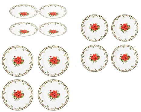 Harvey & Mason Christmas Holly Dinner Set 12pc Porcelain Bowls and Plate Set - Festive Xmas Dinner Setting Dining Plates, Side Plates and Bowls