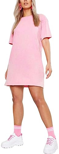 Womens Longline PJ Top T-Shirt Plain Short Sleeve Oversized Baggy Tunic Top Mini Nightdress Style Sleepwear Rose Pink-8-16 Regular