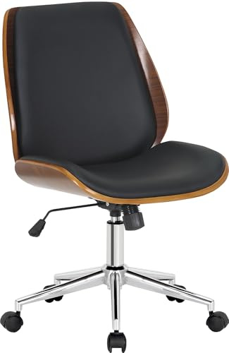 CLP Bürostuhl Ergonomisch Mitch, höhenverstellbarer Schreibtischstuhl für Home Office und Büro, Drehstuhl mit Holzschale mit Wippfunktion - Farbe walnuss/schwarz Gestell Farbe Chrom