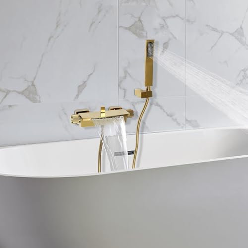 Badewannenarmatur Wasserfall Wasserhahn Bad Messing Badewanne wandmontiert Badewanne Wasserhahn Einhebelmischer für Bad Dusche, mit 1,5 m 304 Edelstahlschlauch 14 cm breit Wasserfall Auslauf (Gold)