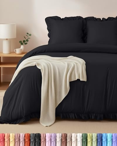 Utopia Bedding Rüsche Bettwäsche 200x200 Set, Schwarz | Mikrofaser Bettbezug 200x200 cm + 2 Kissenbezüge 80x80 cm