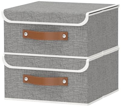 OUTBROS 2 Pack Aufbewahrungsbox, Faltboxen mit Deckel, 32x32x16cm, Grau | Faltbarer Aufbewahrungskorb mit Griff, Kisten Aufbewahrung, Schrank Organizer Kleiderschrank, für Kleidung