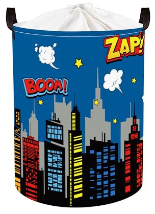 Clastyle Groß Blau Stadt Skyline Held Kinder Wäschekorb mit Deckel für Jungen Mädchen Kleidung Spielzeug Aufbewahrungskorb für Kinderzimmer Bad, Skyline, 36x45 cm