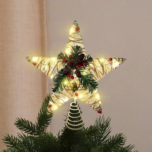 Christbaumspitze Stern, Weihnachtsbaum Stern Spitze, 20 LED Lichter Christbaumspitze Beleuchtet, Weihnachtsbaum für Indoor Festliche Weihnachten Neujahr Urlaub Baumschmuck (Baumwollgarn mit Blumen)