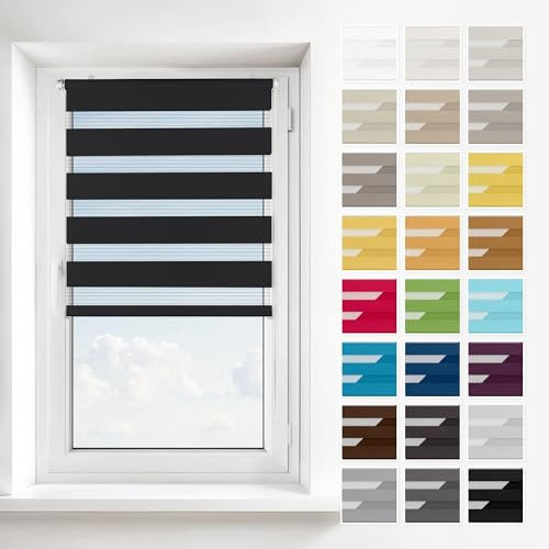 Estika Doppelrollo ohne Bohren, Schnelle 2 in 1 Montage - Klemmfix, Wand- oder Deckenmontage - Schwarz - 150 x 150 cm - Rollos für Fenster ohne Bohren, Fenster rollos für innen
