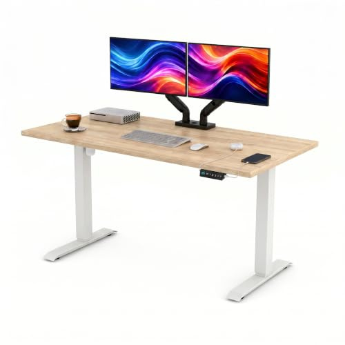 POKAR Höhenverstellbarer Schreibtisch Elektrisch 140x80 cm | Massive 25mm Platte | Memory-Panel mit USB-C und USB-A | Steh-Sitz-Tisch für Home Office | Gestell Weiß, Platte Sonoma Eiche