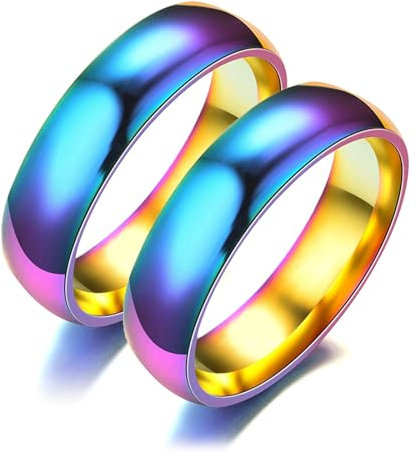 Beydodo Eheringe mit Gravur, Edelstahl Ringe Set 6MM Regenbogen Freundschaftsringe Partnerringe Personalisiert Damen Gr.67 (21.3) + Herren Gr.70 (22.3)