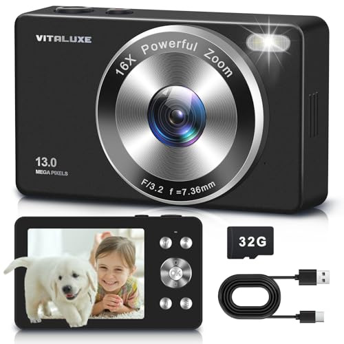 4K Digital Camera, VITALUXE FHD Kids Camera, Real 13MP 16x Zoom Autofocus, 2.83'' LCD Screen, Long Lasting, Compact Small Vintage Camera with 32G Card, Best Gift for Kids, Teens, Girl, Boy, Beginngers