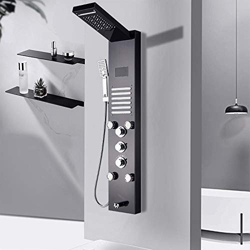 Shower Panel Column Rain Waterfall ShowerBath Shower Panel Thermostatic Mixer Shower Faucet Tower with/Hand Shower-Black,Black