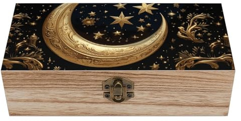 DWTJKMS Grande boîte de rangement décorative en bois avec couvercle à charnière et fermoir à l'avant pour travaux manuels, boîte à bijoux vintage en bois avec étoiles et lune dorées