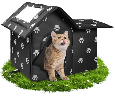 WHDPETS Katzenhaus Outdoor, Katzenhöhlen Für Draußen Winterfest Wasserdicht, Faltbare Wasserdicht Wetterfester Katzenhöhle Haustierhaus, Katzenhaus Tierheim Für Streuner Haustiere（Black）