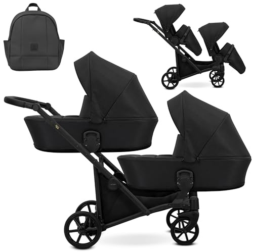 Kunert BRAV DUO Zwillingskinderwagen 2 in 1 + Zubehör: Komfort, Sicherheit, Praktizität, elegantes Design, vielseitiges System, Aluminiumrahmen, leicht, schwarz