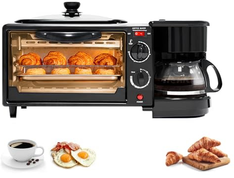 3-In-1 Breakfast Station, Portable Breakfast Maker with Non-Stick Griddle, Coffee Maker, and 4-Slice Toaster Oven, Cooking Gadgets for Bread Toast Coffee Egg Sandwich Bacon Sausages, Black