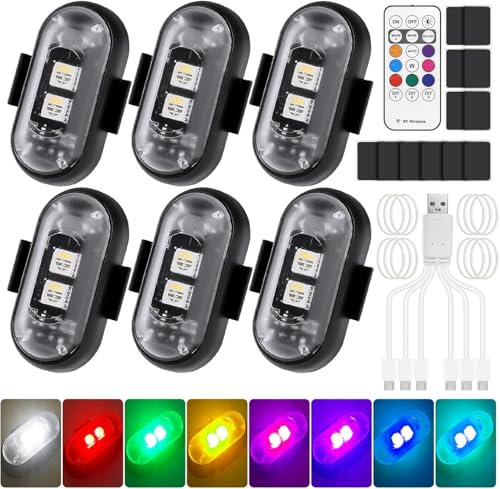 Pavlleen Lot de 6 Lumières Stroboscopiques pour Drone, 8 Couleurs, étanches, Anti-Collision, avec télécommande, Stroboscope pour Drone, Chargement USB, pour Drone, Camion, Moto, vélo