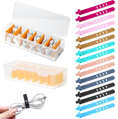 Cable Tidy Box with Lid, 2 Pcs Cable Tidy Management Box with 7 Compartments and 16 Cable Ties Reusable, Storage Box for Chargers and Power Strips
