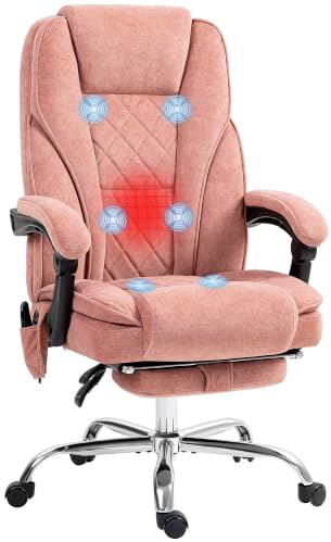 Vinsetto Bürostuhl Ergonomisch mit Vibrationsmassage und Wärme, Rosa | Chefsessel mit Fußstütze, Höhenverstellbarer Schreibtischstuhl, Drehstuhl mit Samtoptik, Taschenfeder, Seitentasche
