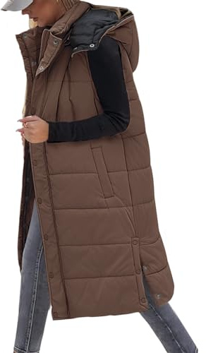 Tuopuda Chaleco Largo para Mujer de Capucha con Cremallera Chaleco Acolchado de Plumas Chaqueta de Invierno sin Mangas Abrigo de Cálidos on Bolsillos