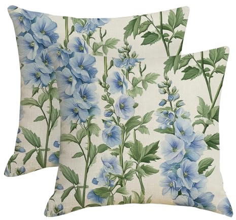 LOHDALOLF Blue Floral Cushion Covers 45x45 cm Set of 2 Waterproof Cushion Cases Delphiniums Flower Decorative Pillow Covers for Patio Garden Tent