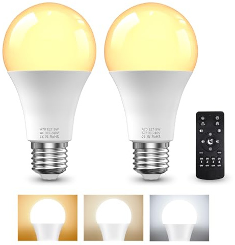 BrightArk Bombilla LED E27 con Mando a Distancia, Bombilla Regulable E27, Bombillas LED 9W, 3 Temperaturas de Color 3000K-6000K, Bombillas con Mando con Temporizador y Función de Memoria