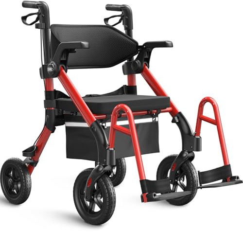 VOCIC Z55 Rollator Faltbar und Leicht mit Sitz, 2 in 1 Rollstuhl Klappbar | Rollatoren für Senioren, Outdoor Gummireifen für Allen Gelände, Aluminium Gehhilfer Transport-Stuhl, MAX 136kg, Dunkelrot