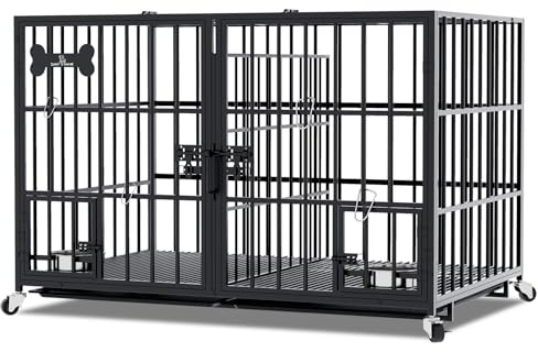 47 in Dog Crate Heavy Duty Dog Crate-XL Dog Cage for Large Dogs,DogCrate Furniture for Doggy Indoor with Wheels,Floor Grid, Tray, Divider and Feeding Bowl,Black(120x74x68cm)