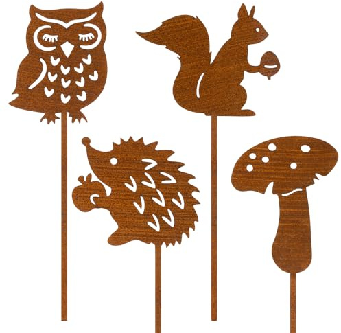 Draupnir 4 Pièces Rouillé Deco Jardin Exterieur Métal, Pique de Jardin avec Hérisson Hibou Champignon Écureuil, Décoration Rouille Automne Exterieur pour Pelouse Terrasse Balcon