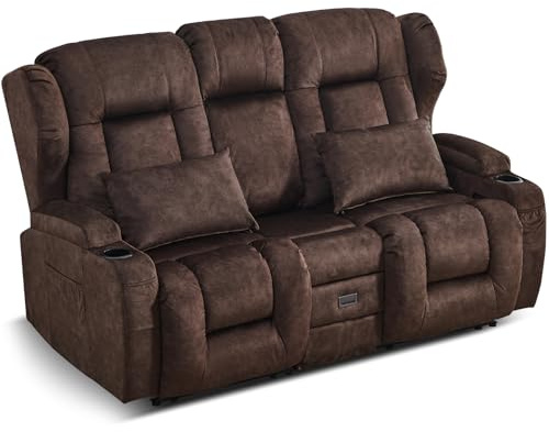 SAMERY Zweisitzer Relaxsessel mit Liegefunktion, 2er-Fernsehsessel Kinosessel 2 Sitzer TV Sessel Heimkino Sitze mit klappbare Mittelkonsole, 4 Getränkehalter (Braun, 172 cm Zweisitzer)