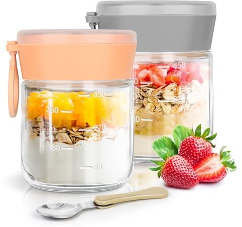 Över natten havre burk med vikbar sked, övernattning havre behållare för måltider, förvaring av livsmedel, 2-pack 500 ml mångsidiga glasburkar med lock bevarar frukt sallad yoghurt chutney sylt