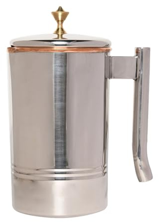 Carafe en cuivre et acier inoxydable | Extérieur en acier inoxydable et intérieur en cuivre pour les bienfaits de la santé ayurveda (bouton en laiton de 1,5 litre)