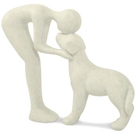 Kityemo Estatuilla de Perro Bonito en Cerámica Beige – Figura Canina Decorativa, Regalo para Amantes de los Animales, Decoración para Hogar/Oficina, Figura de Hombre y Perro