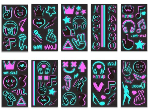 TEOZBLU 10 Feuilles Néon Tatouages Temporaires, Glow UV Neon Tattoo, Faux Tatouages Fluorescents de Visage Corps, Tatouages Néon Imperméables, Bar Party-B