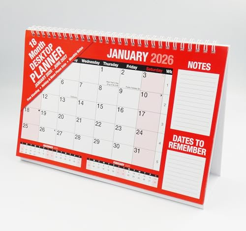 Sixstore 2026-2027 Desktop 18 Months Calendar Freestanding Flip Month to View 1 January 2026 to June 2027 Spiral Bound Red and Black Calender for Home Business Office School
