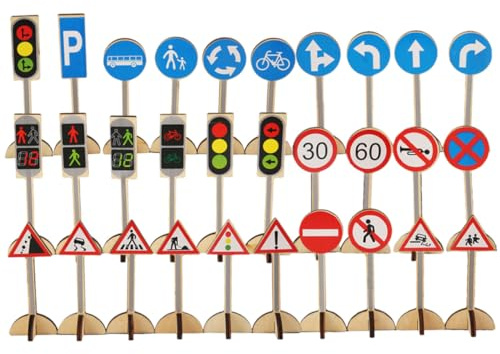 SUPVOX Jouets en Bois Panneaux De Signalisation pour Garçon Et Filles 30 Pièces Jeu Éducatif Cognitive Sécurité Route Modèle De Panneau De Signalisation Apprentissage Ludique
