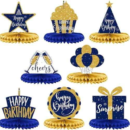 DiiWmme Blue and Gold Birthday Honeycomb Table Decorations, 8 Pieces Blue Gold Table Decorations, Birthday Party Supplies, Reusable Happy Birthday Table Decorations (Blue and Gold)