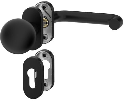 ERGO line OTTO Links, Profiltür-Drückergarnitur mit Festem Türknopf, Oval-Rosette, Schwarz Türbeschlag, PZ-Rosette, Rosettengarnitur mit Knopfdrücker, TOP Qualität