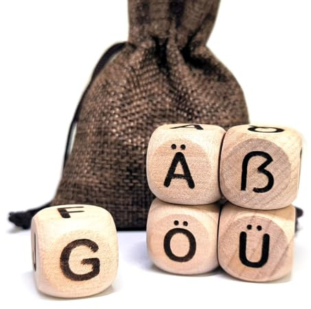 Einzigartiges deutsches Buchstaben-Würfelspiel-Set – 5 Holzwürfel (20 mm) mit 26 Großbuchstaben und 4 Sonderzeichen, lasergraviert, wird mit einer Leinen-Aufbewahrungstasche geliefert
