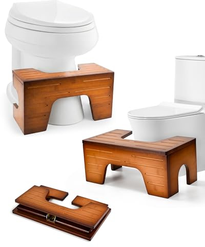 StrongTek Toilettenhocker Bambus Klappbar 18/23cm Rotbraun Faltbar | Höhenverstellbarer & ergonomischer WC-Badezimmerhocker – zusammenklappbar, Platz sparend und absolut rutschfest