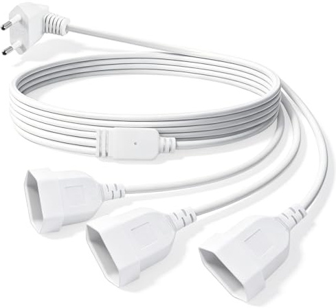 2M Eurostecker Verteiler 3 in 1 Verlängerungskabel Flachstecker(Weiß) | 90° Eurostecker Verlängerung, 3-Fach Verlängerungskabel Dünn, Flaches Stromkabel 2,5A/250V für TV Monitor Computer