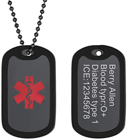 PROSTEEL personalisiert Erkennungsmarke mit Medical Alert Symbol schwarz Edelstahl Ice Notfall Herren Dog Tag mit Kugelkette 60cm/2mm Name Texte Gravur Geschenk Accessoire für Allergen Diabetes