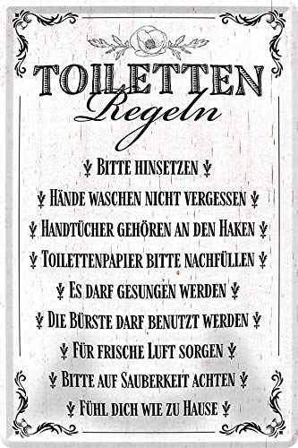 WOGEKA ART Retro Blechschild - Toiletten-Regeln Klo WC - witziger Spruch als Geschenk-Idee zum Geburtstag Weihnachten zur Dekoration 20x30 cm Vintage-Design aus Metall 379