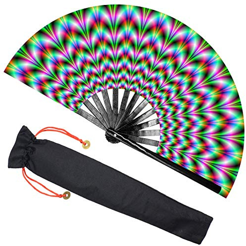 Zolee Großer Rave Faltbarer Handfächer mit Bambusrippen für Herren/Frauen – Chinesischer japanischer Stofftasche Tanzmusik, Festival, Party, Performance, Dekorationen, Geschenk Grüne Trippy Wellen